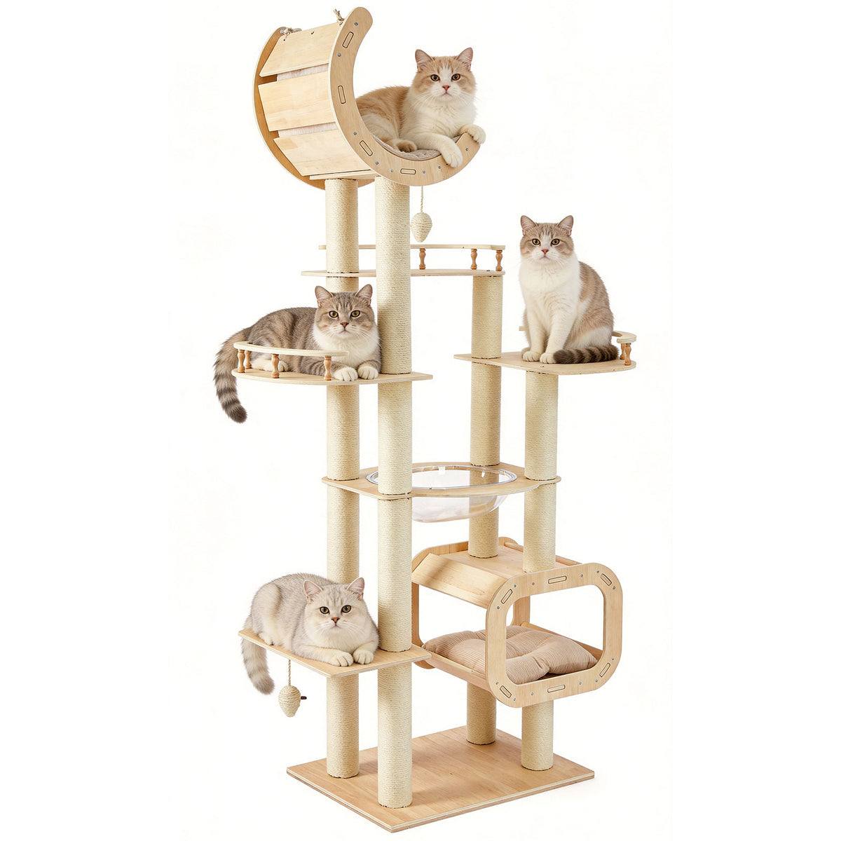 Heavy-Duty No-Drill Large Cat Tree-Solid Wood, 5-Story Multi-Column Cat Tower, 80.4in For Large Spaces & Multi-Cat House