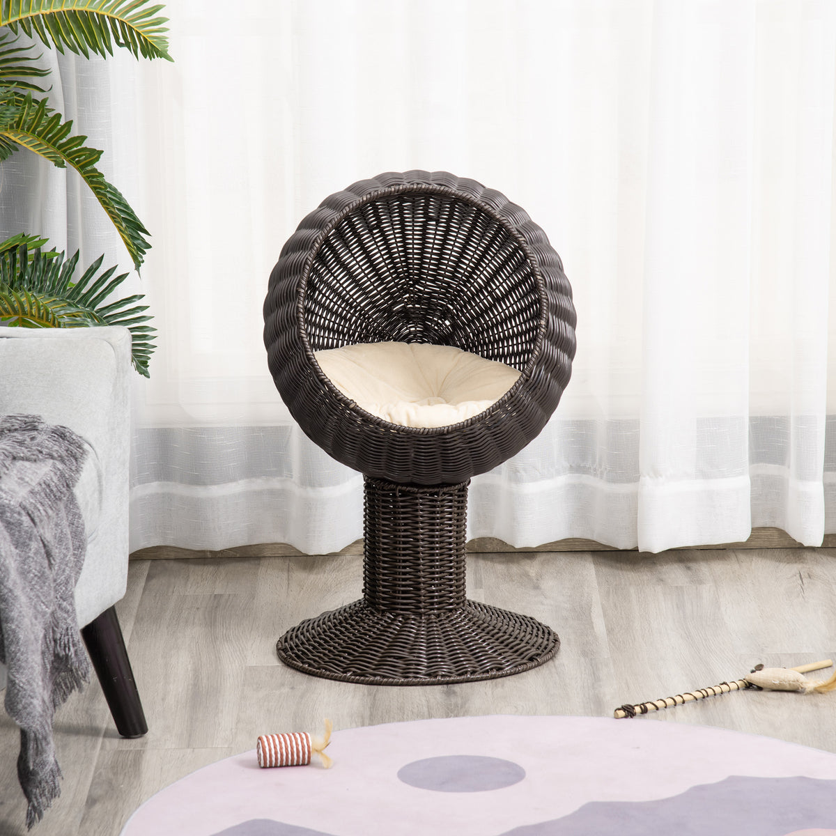 Elevated Cat Bed with Rotatable Egg Chair Pod, Cat Basket Bed with Thick Cushion, Natural Mat Grass Woven Kitty House, C