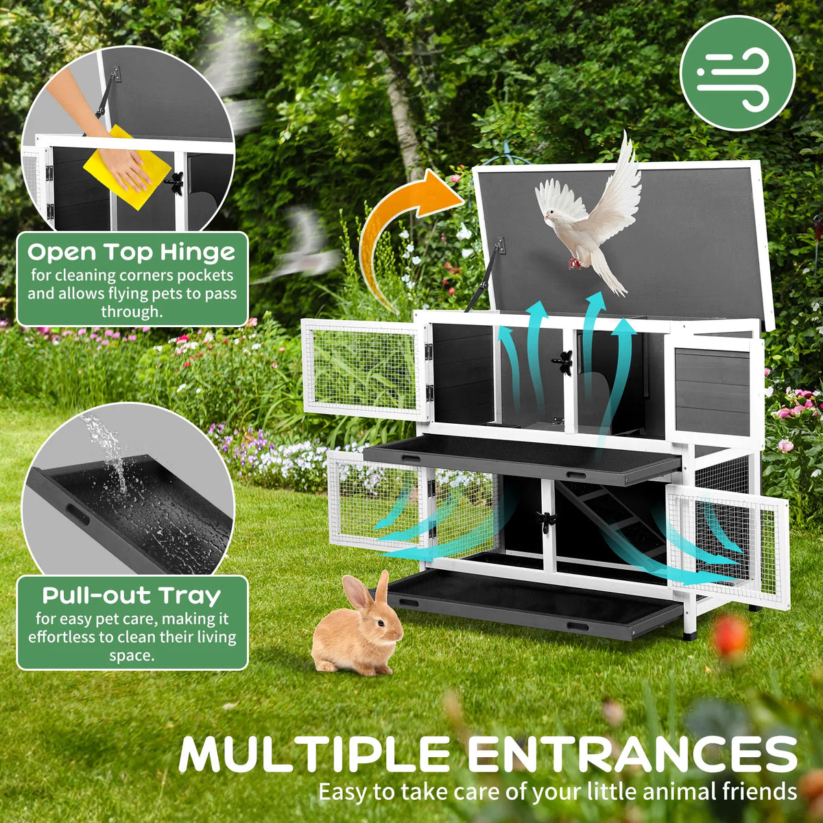 2 Story Solid Wood Rabbit Hutch Bunny Cage with 2 Large Main Rooms, Indoor Outdoor Rabbit House Guinea Pig Cage Pet Hous