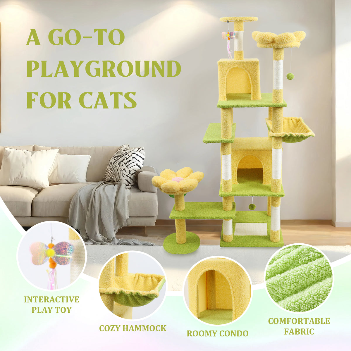 71 inch flower cat tree with large condo removable flower cushion and hammock yellow