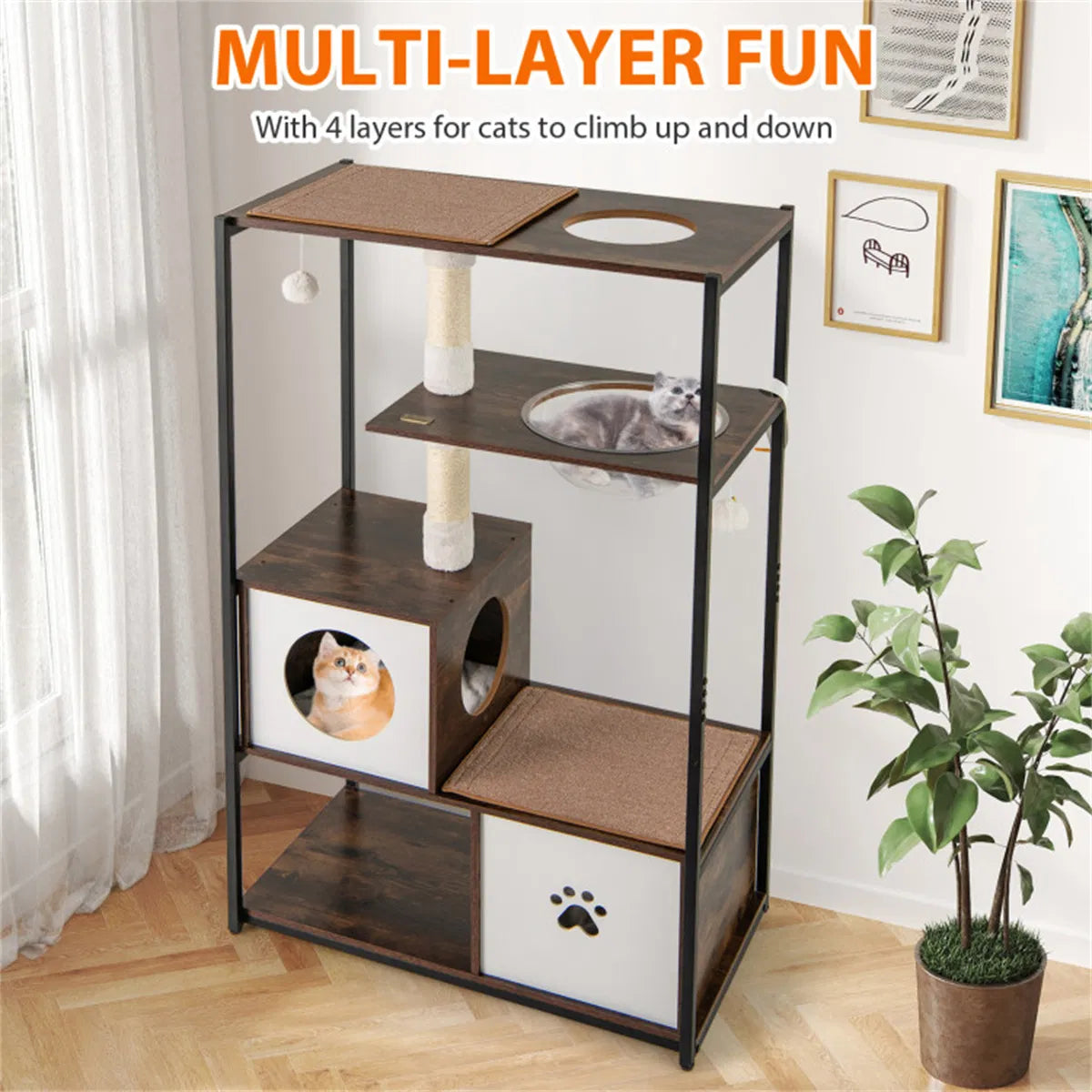 Stylish Wood-Metal Cat Tree - 33 lbs Per Layer Capacity, 2 Private Condos + 2 Relaxation Platforms, Complements Room Dec