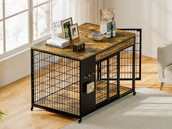38in Dog Crate Furniture - Dog Crate With DIY Frame, Sliding Door Indoor Kennel, Wooden Dog Cage End Table, For Medium-L