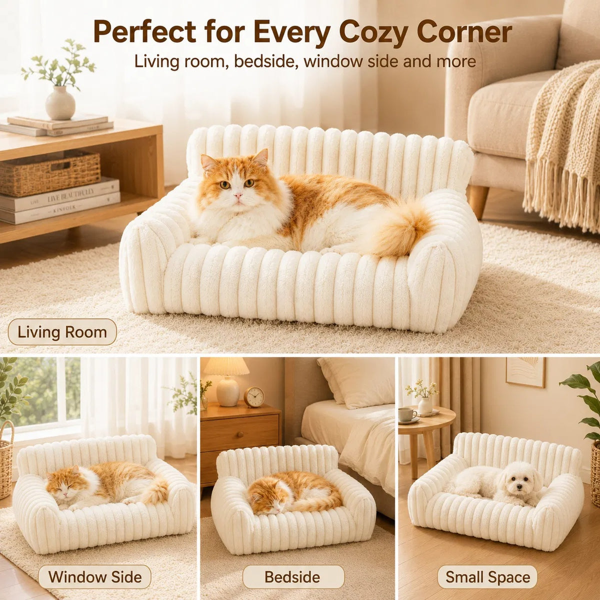 Cute Cat Couch For Pets - Fluffy Cat Beds With Premium Soft Corduroy Fleece, Fuzzy Cats Beds For Indoor Cats With Remova