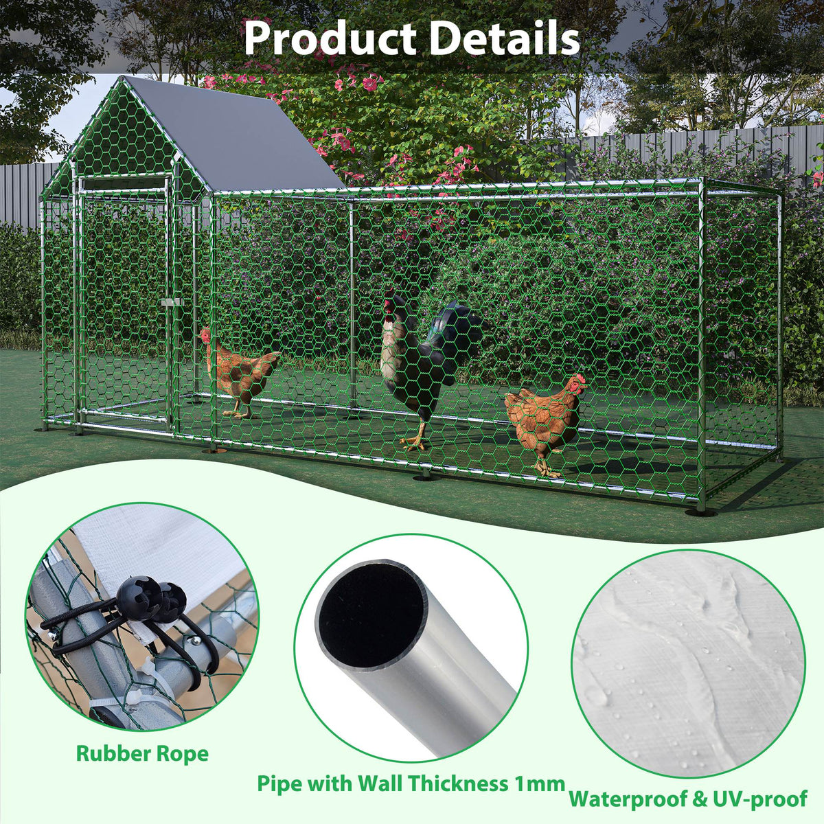 Metal Chicken Coop,Walk-in Chicken Run,Poultry Chicken Hen Pen Cage,Rabbits Duck Cages,With Cover