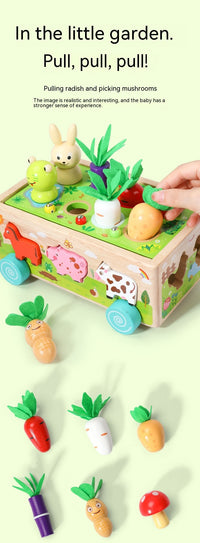 Wooden Farm Animal Car Pulling Radishes Bug Catching Educational Toy