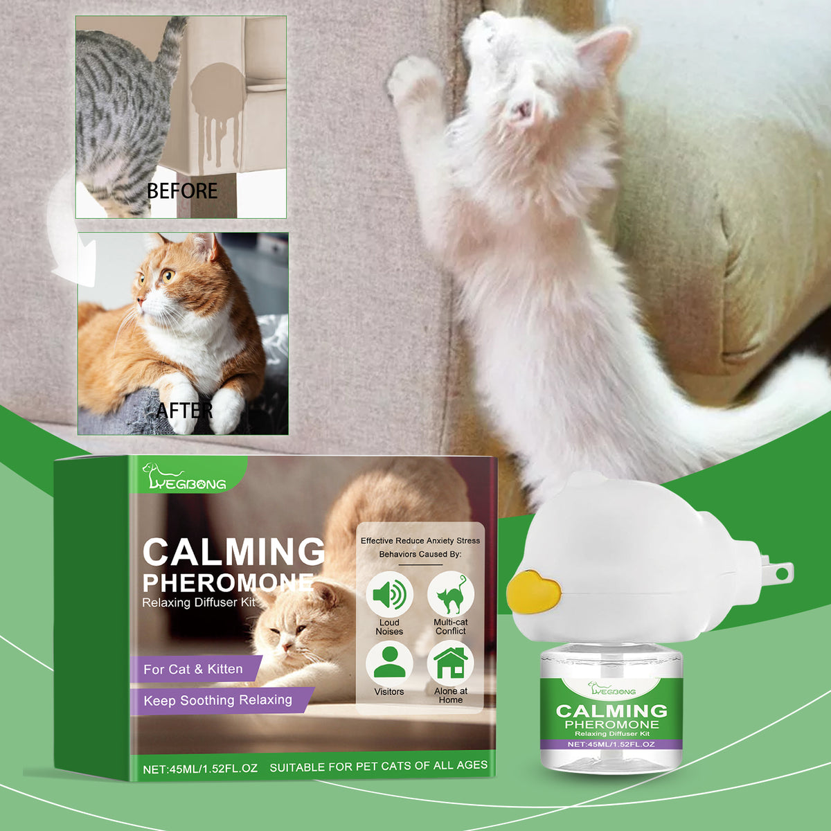 Cat Calming Pheromone Diffuser Kit 45ml, Stress Relief For Anxious Cats & Kittens