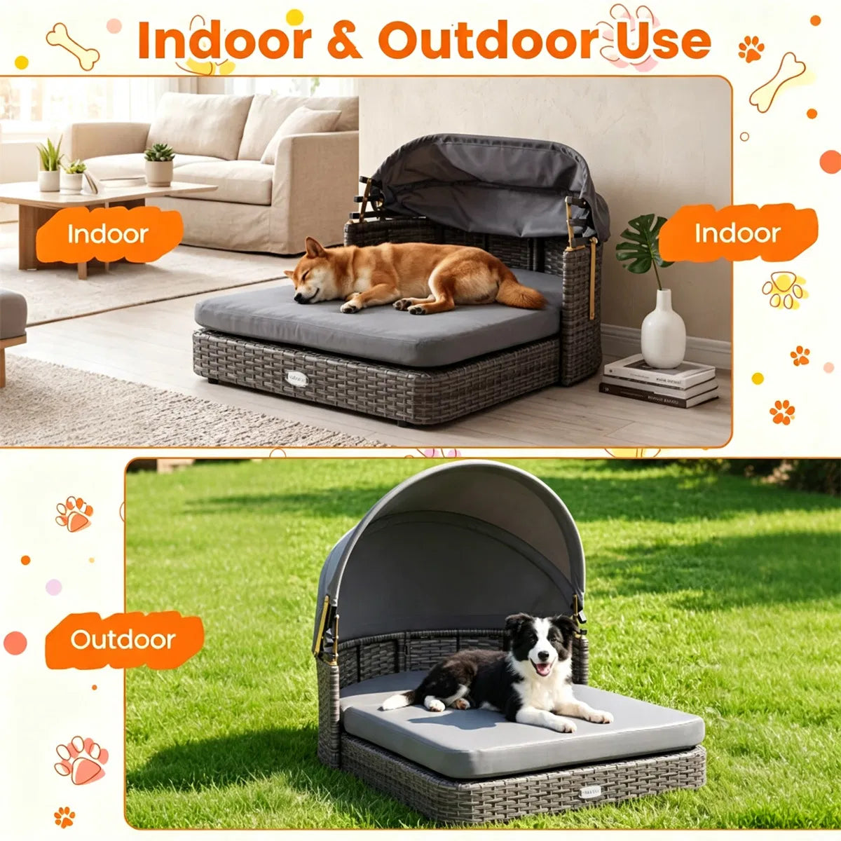 Gray Hand-Woven PE Rattan Dog Bed with Adjustable Canopy, Elevated Outdoor Pet Daybed with Washable Plush Cushion, Anti-