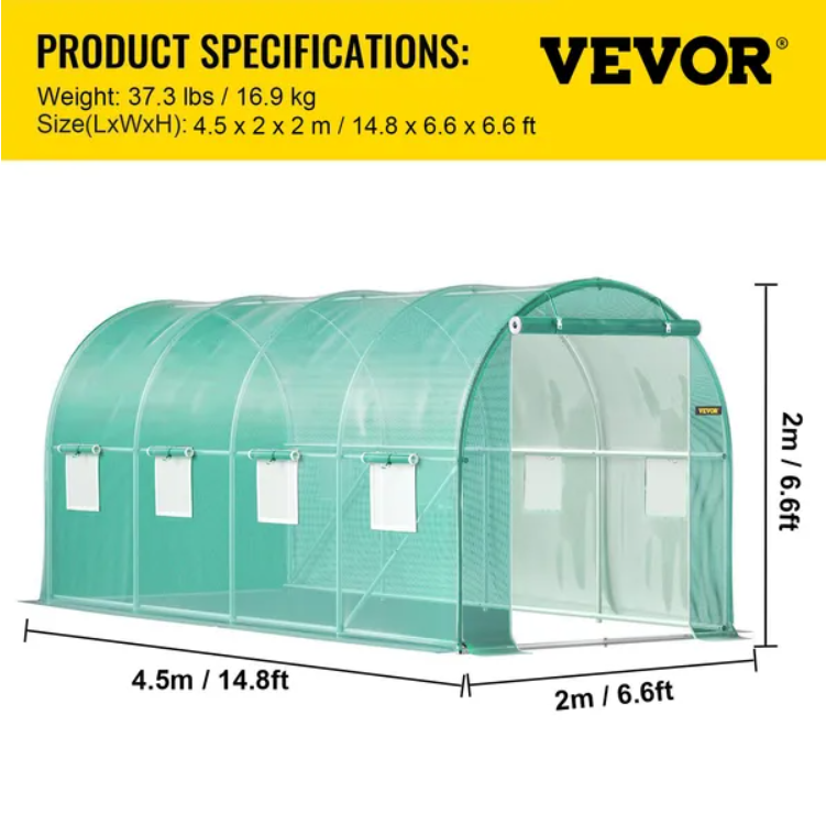 VEVOR Walk-in Tunnel Greenhouse, 14.8 X 6.6 X 6.6 Ft Portable Plant Hot House W Galvanized Steel Hoops, 1 Top Beam, Diag
