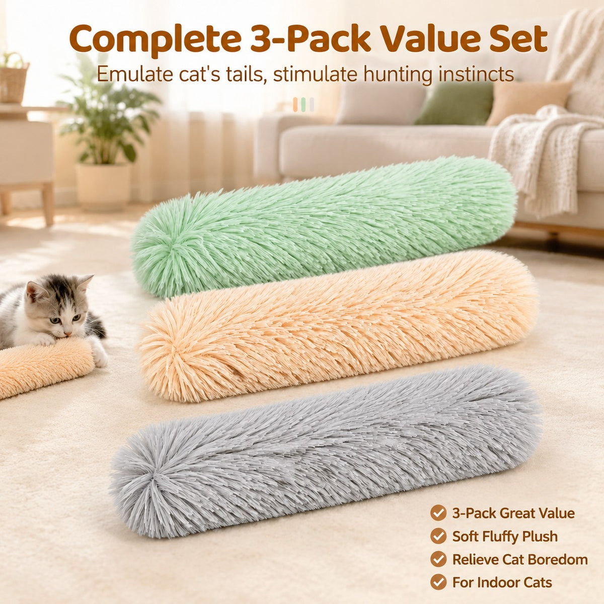 3 Pack Catnip Kicker Toys For Indoor Cats, Soft Plush Cat Kick Stick With Crinkle Paper, Interactive Cat Toy To Stimulat