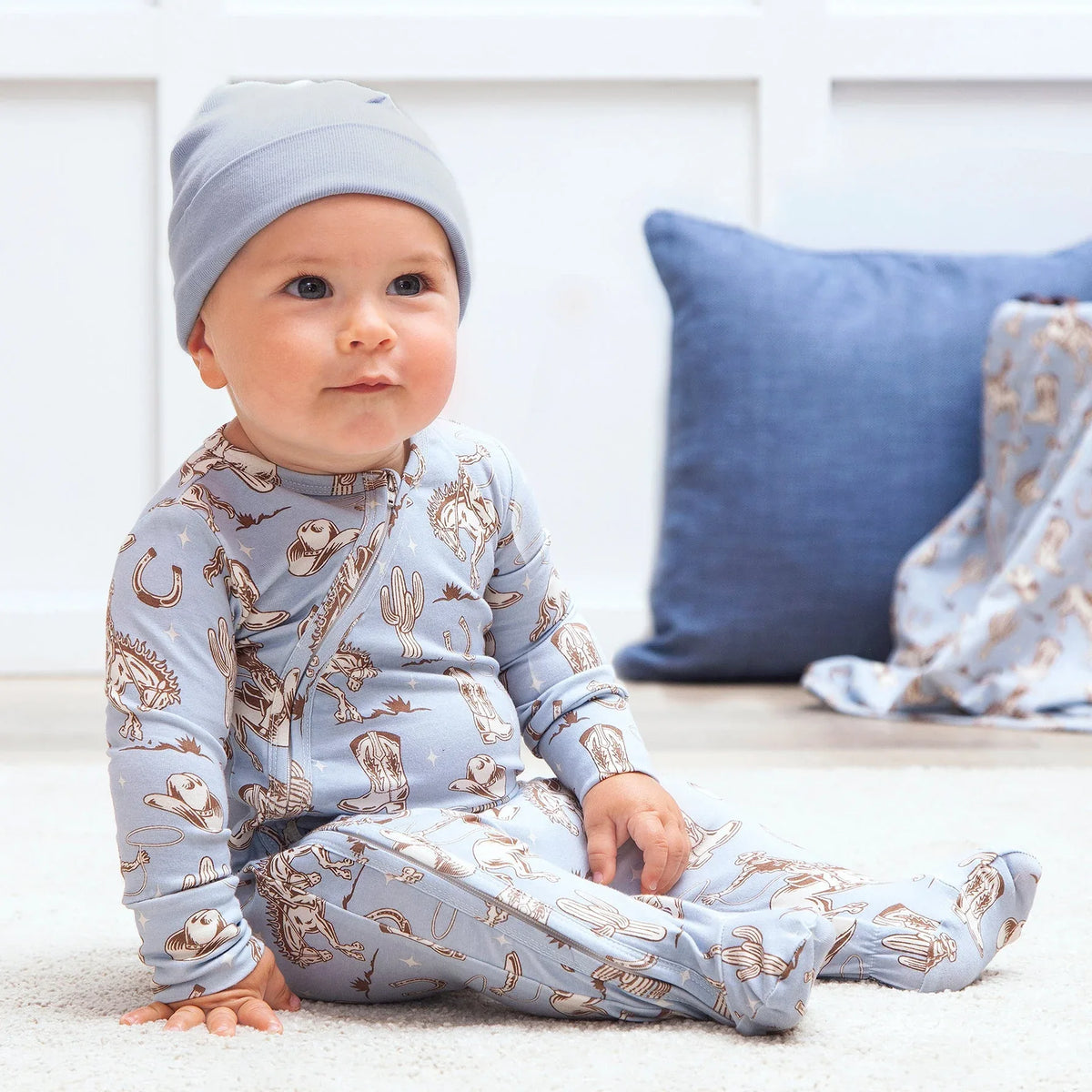 Wild Wrangler/Blue Western Baby Boy Bamboo Zipper Romper - BIG FRENCHIES