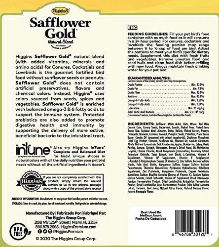 Higgins Safflower Gold Conure & Cockatiel Bird Food 3lbs. 2-Pack