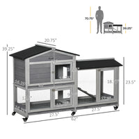 62" Wooden Mobile Rabbit Hutch with Wheels, Run Box, Slide-out Tray, Ramp