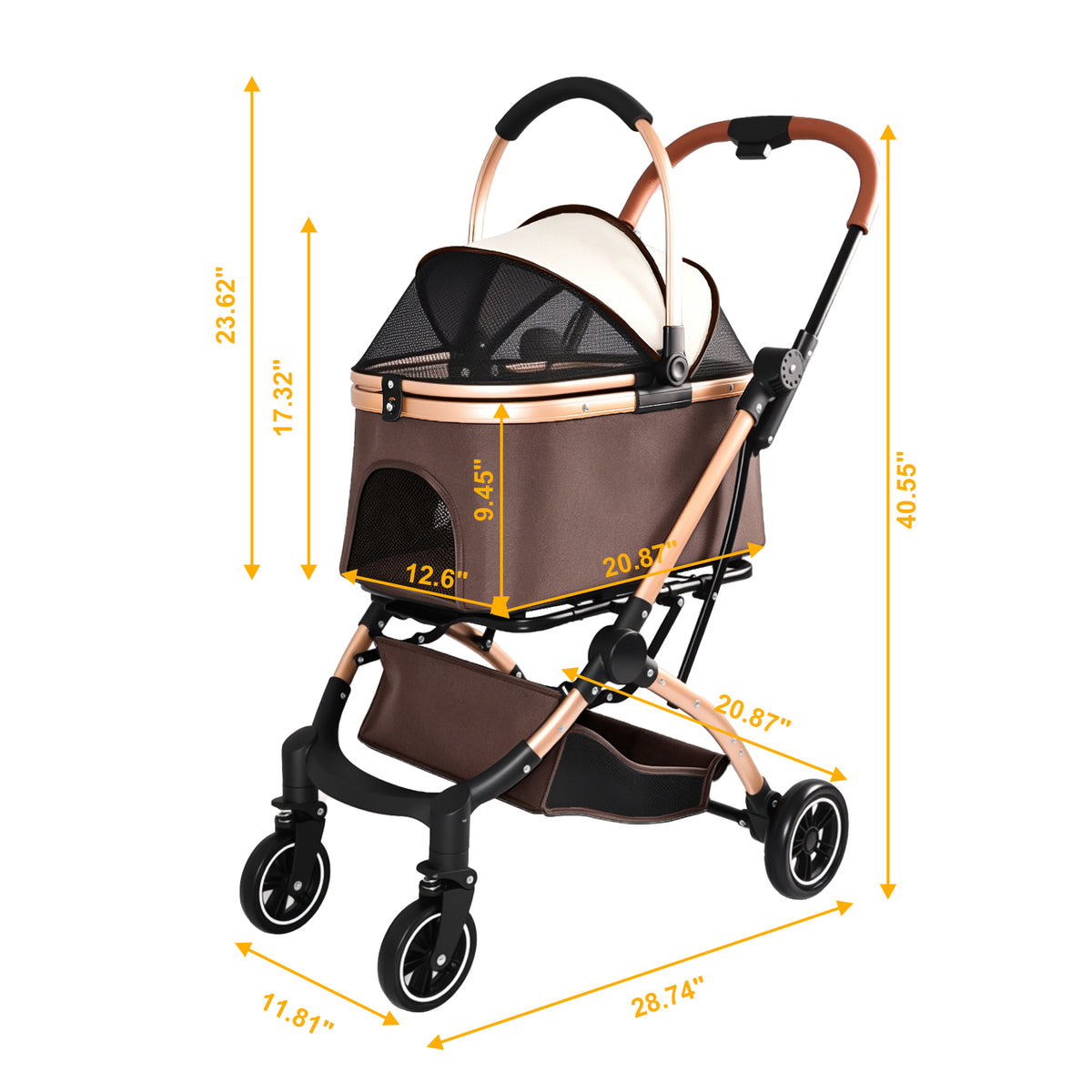 Pet Stroller for Dogs and Cats, 2-in-1 Detachable Foldable 4 Wheels Pet Stroller, Quick One-Hand Fold, Storage Basket, D
