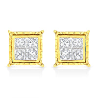 14K Yellow Gold 1.0 Cttw Invisible Set Princess-Cut Diamond Composite 8 Stone Stud Earrings (I-J Color, SI1-SI2 Clarity)