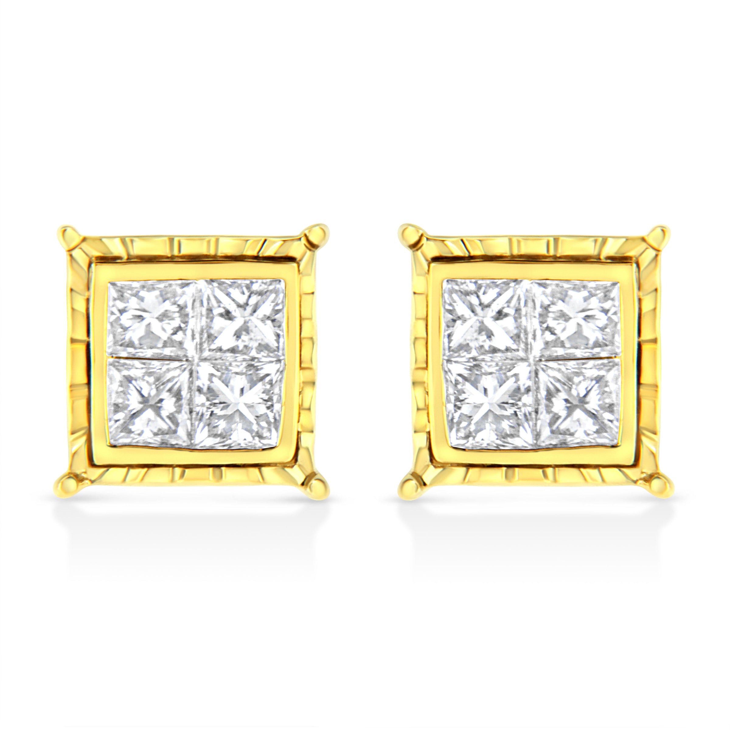 14K Yellow Gold 1.0 Cttw Invisible Set Princess-Cut Diamond Composite 8 Stone Stud Earrings (I-J Color, SI1-SI2 Clarity)