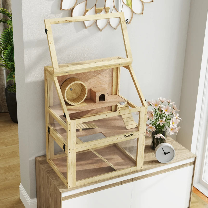 3 Tier Wooden Hamster Cage W Detachable Bottom, Hut, Seesaw, Exercise Wheel, Ramps