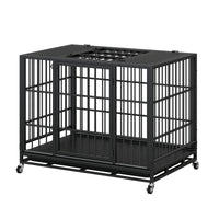 Heavy Duty Dog Crate , Mobile Pet Kennel with Lockable Wheels & Rotary Twist-Latch, Indoor Outdoor Metal Cage with Perfo