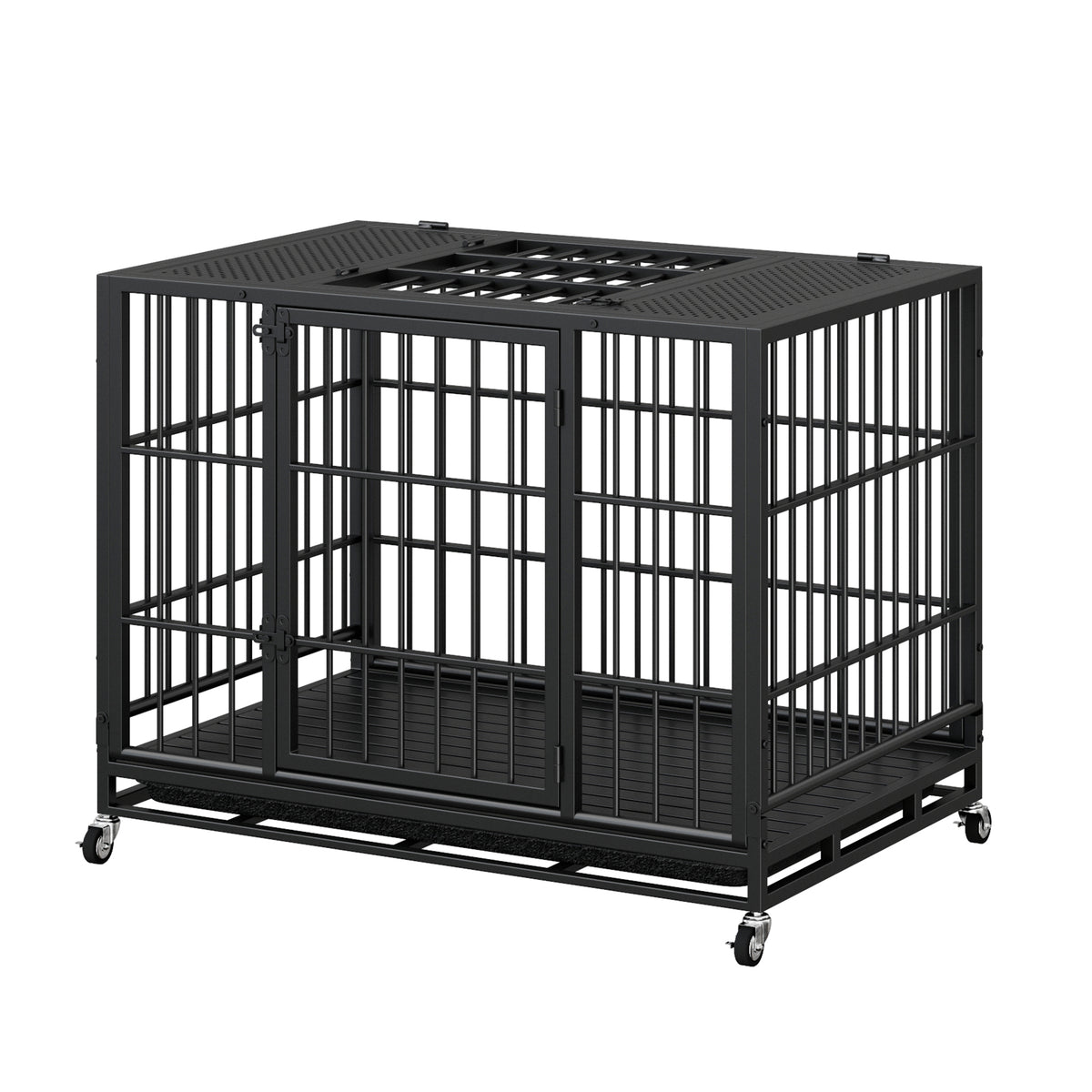 Heavy Duty Dog Crate , Mobile Pet Kennel with Lockable Wheels & Rotary Twist-Latch, Indoor Outdoor Metal Cage with Perfo
