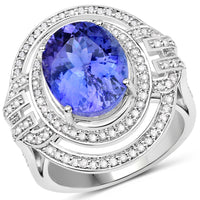 14K White Gold 6.83 Carat Genuine Tanzanite and White Diamond Ring