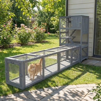 PawHut Wooden Cat Run With Weather Protection, Connecting Inside And Outside, Dark Gray