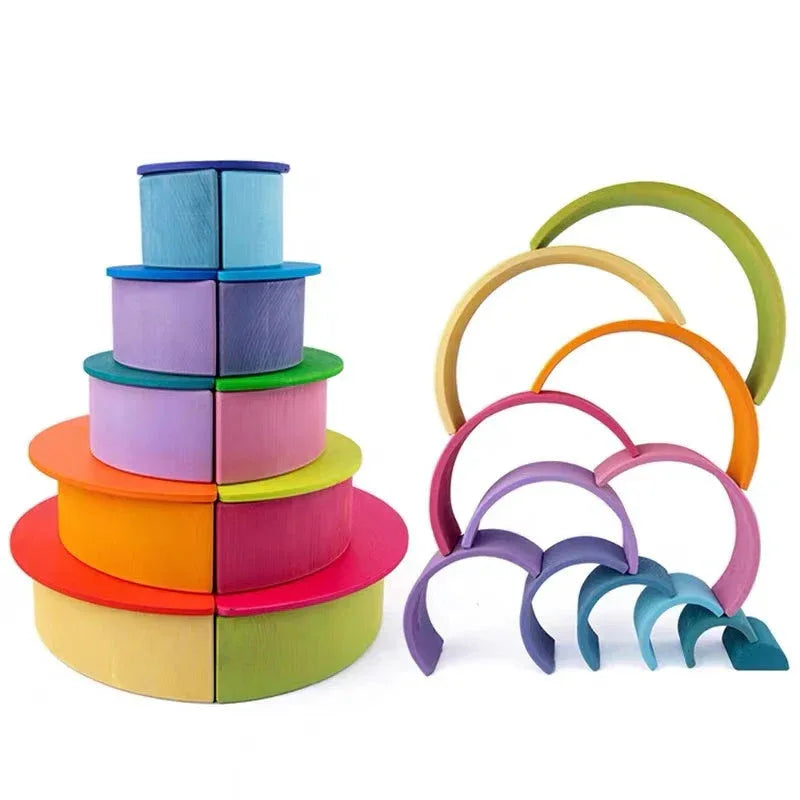 12-Piece Large Wooden Rainbow Stacking Blocks – Pastel / Macaron Colors - BIG FRENCHIES
