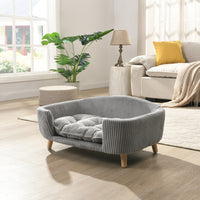 Elevated Dog Bed Frame for Small Dog, Corduroy Pet Couch Bed with Rubber Wood Legs and Supportive Foam, Grey, Easy Assem