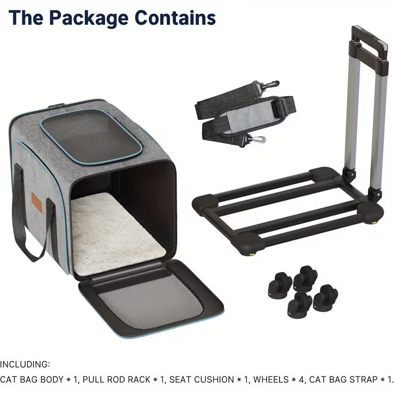 Rolling Cat & Dog Travel Carrier – Expandable Wheeled Pet Cage with Detachable Base & Telescopic Handle, Airline Approved