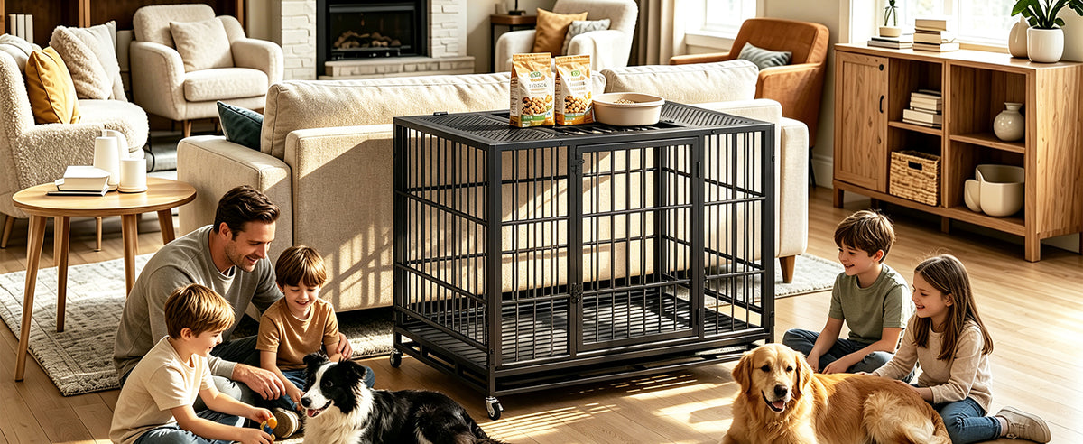 Heavy Duty Dog Crate , Mobile Pet Kennel with Lockable Wheels & Rotary Twist-Latch, Indoor Outdoor Metal Cage with Perfo