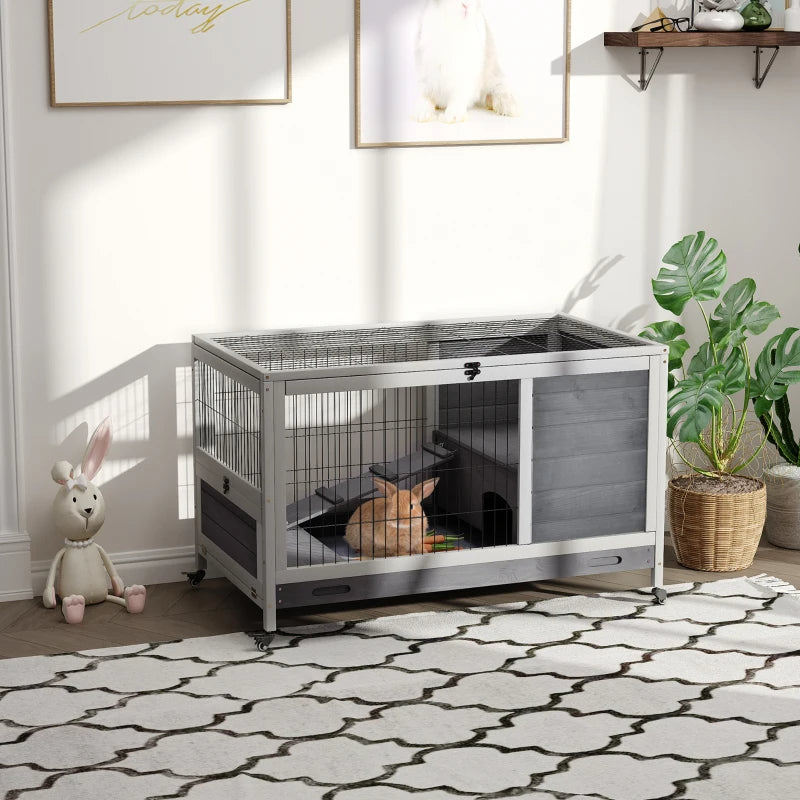 PawHut Indoor Rabbit Enclosure, Wooden Elevated Cage Habitat With Enclosed Run With Wheels - Ideal For Rabbits And Guine