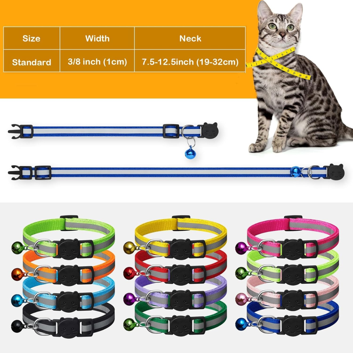 12 Pack Reflective Breakaway Cat Collars With Bells,Safety Buckle Kitten Collar, With Name Tag, Adjustable,Ideal For Gir