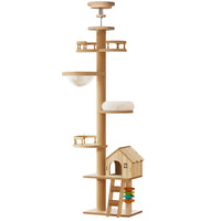 Floor to Ceiling Cat Tree, Cat Tower with Scratching Post, Adjustable Height(98-110 Inch), Large Wood Condo Cave Bed and