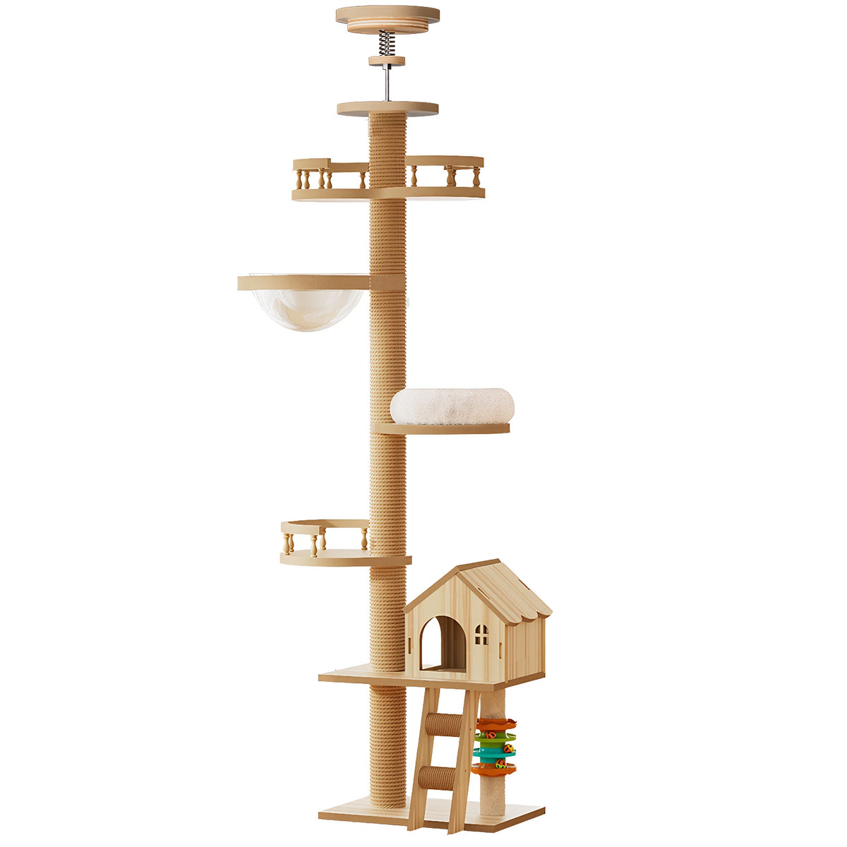 Floor to Ceiling Cat Tree, Cat Tower with Scratching Post, Adjustable Height(98-110 Inch), Large Wood Condo Cave Bed and