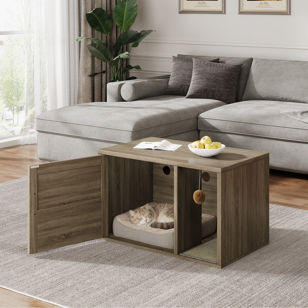 Cat Litter Box Enclosure Furniture Cabinet Odor Control With Scratching Pad Wooden Cat House Side End Table For Living R