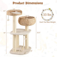 41 Inch Hand-Woven Water Hyacinth Cat Tree, 3 Sisal Scratching Posts Multi-Level Activity Center For Cats-White