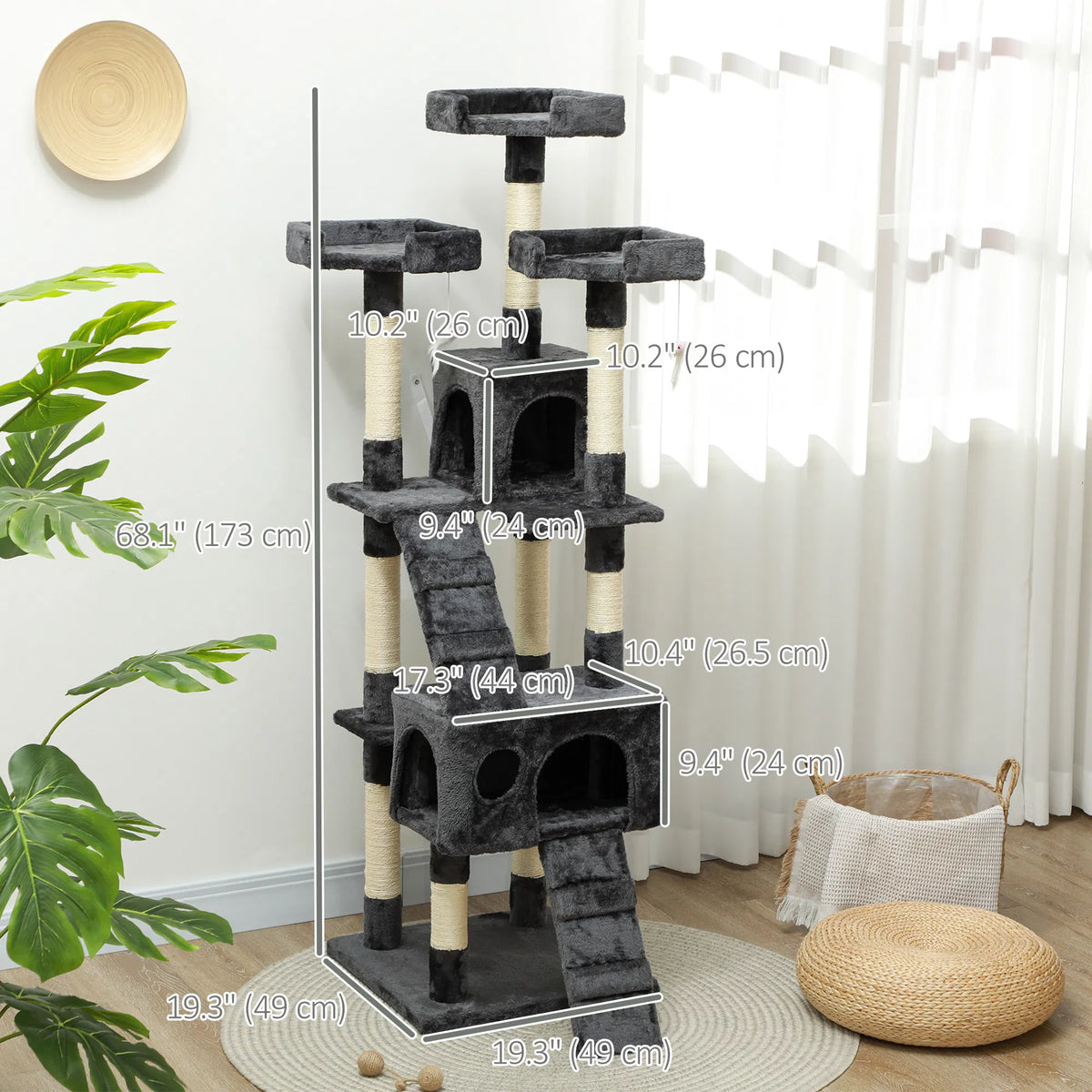 68-inch Multi-Level Cat Scratching Tree Kitty Activity Center Post Tower Condo Pet Furniture w/ Toy Grey