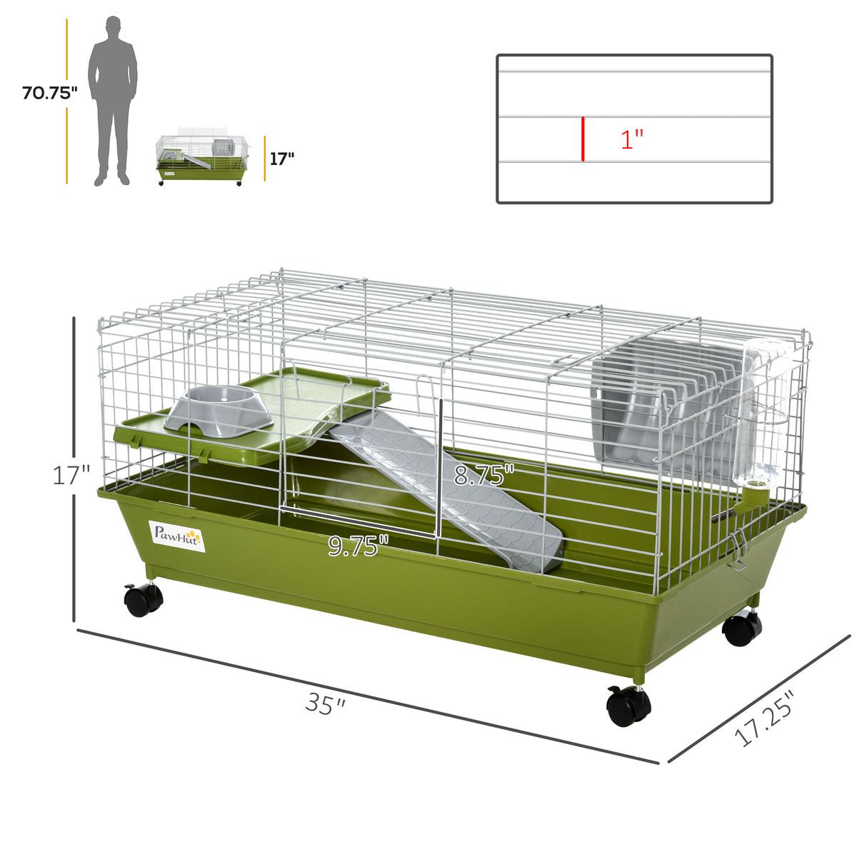 35"L Small Animal Cage, Rolling Bunny Cage, Guinea Pig Cage with Food Dish, Water Bottle, Hay Feeder, Platform, Ramp for
