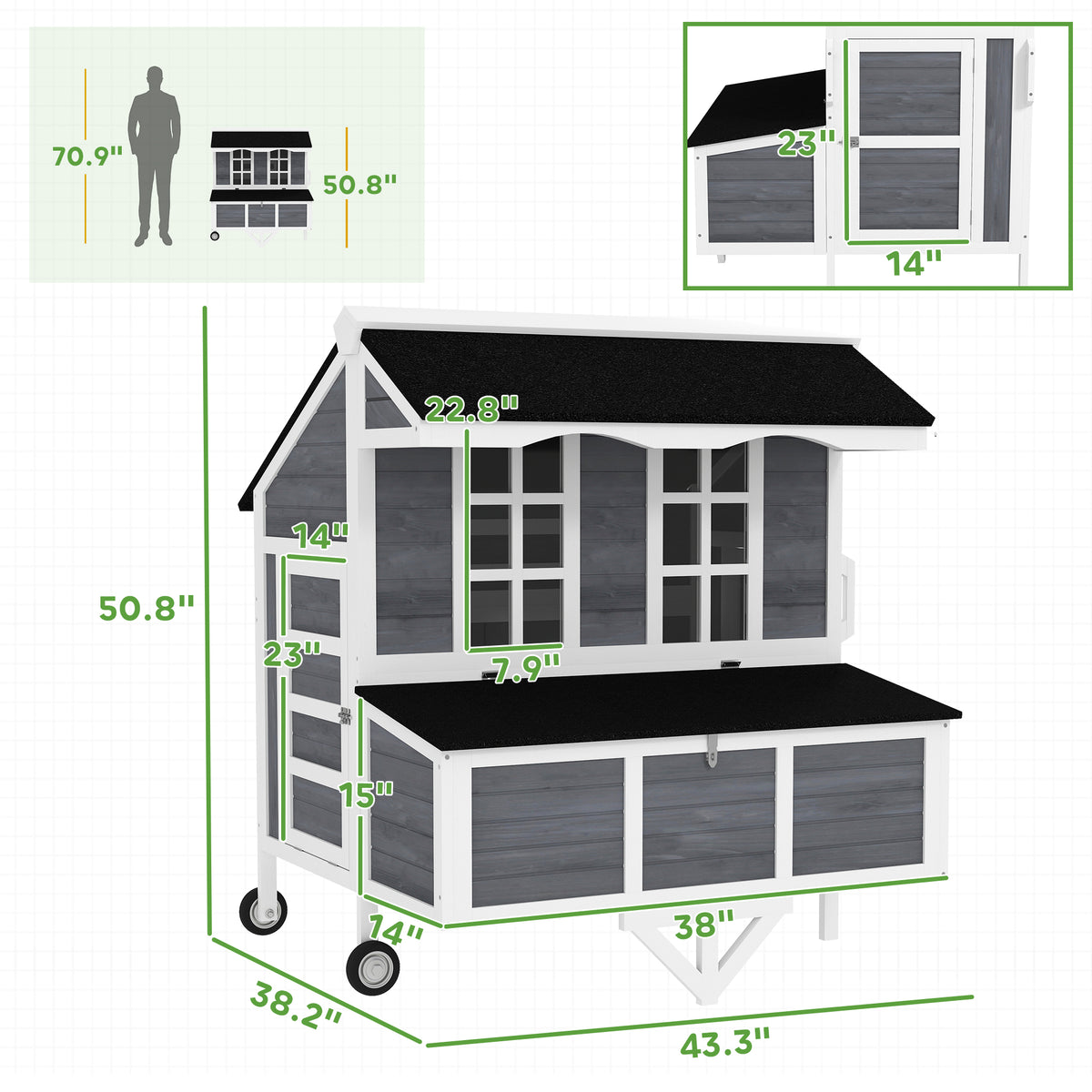 43" Chicken Coop with Wheels, Chicken Tractor with Nesting Box, Windows, Pull-out Tray, Perches, for 2-4 Hens, Gray