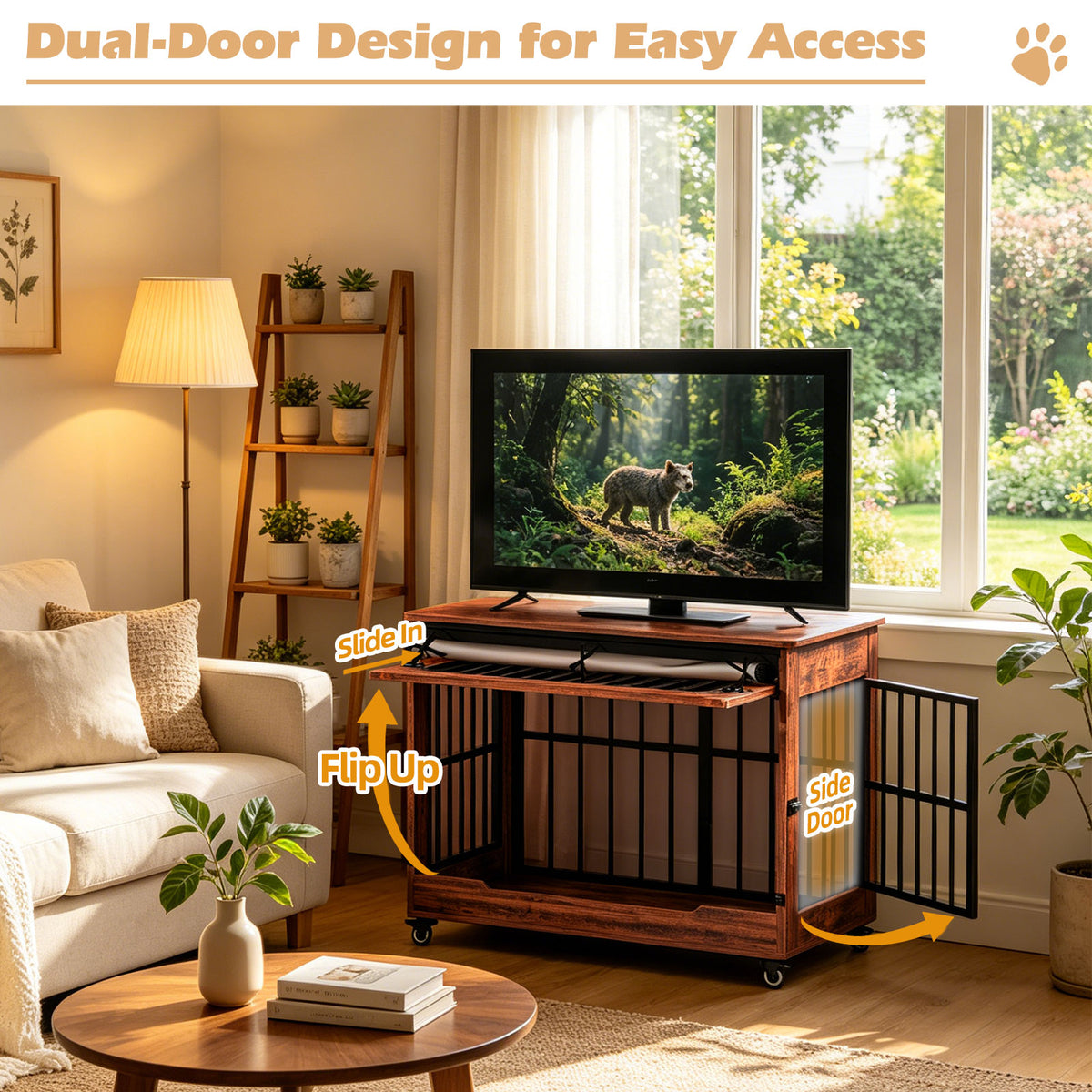 38in Dog Crate Furniture, Double Door Wooden Indoor Dog Kennel Furniture, Decorative Pet Cage End Table With Wheels For 