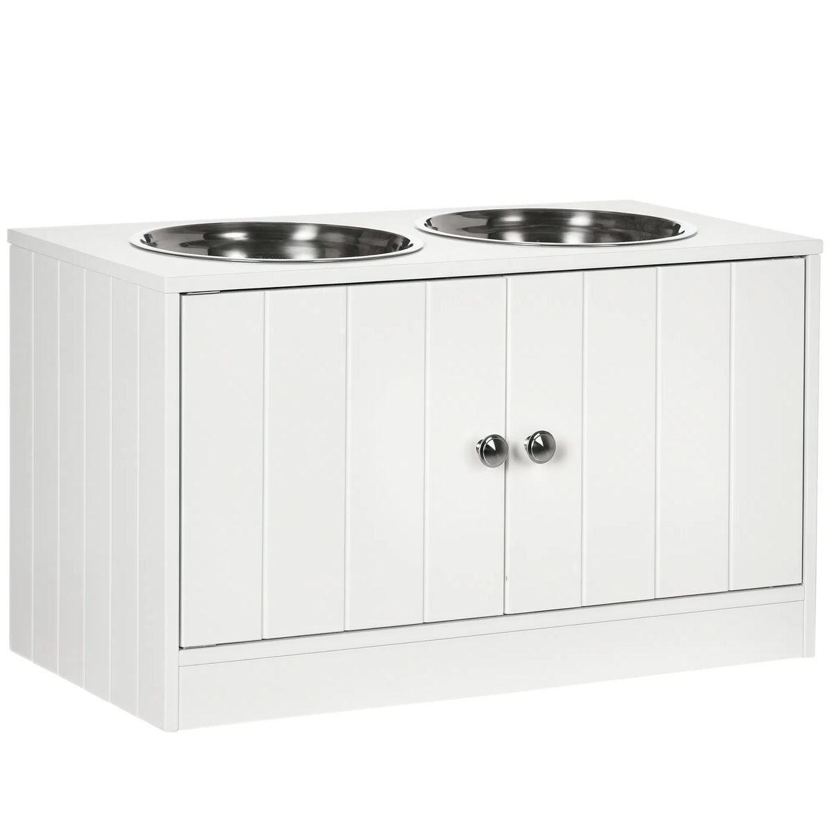 Elevated Dog Bowls for Large Dogs Pet Feeding Station with Stand, Storage, 2 Stainless Steel Food and Water Bowls, White