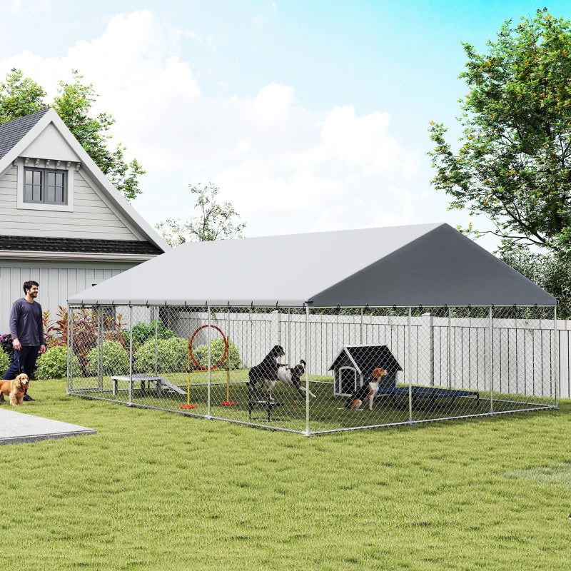 Heavy Duty Outdoor Dog Kennel With Waterproof Roof, 2 Secure Latches, Chain Link Dog Run For Backyard, 20' X 15' X 8',Mu