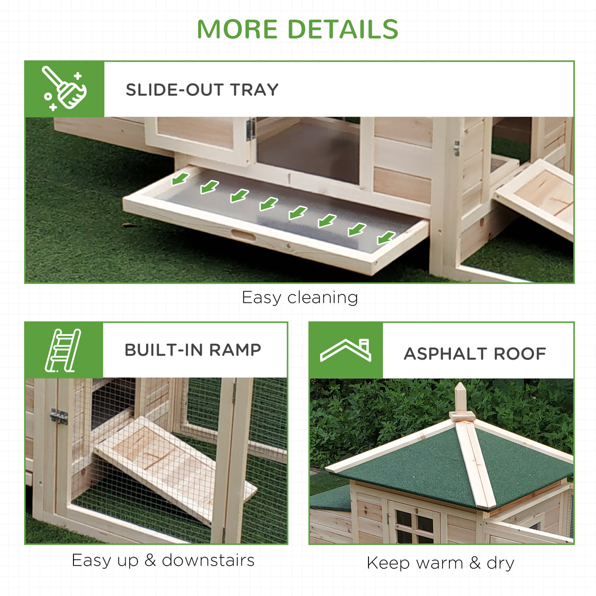 77" Wooden Chicken Coop with Nesting Box, Cute Outdoor Hen House with Removable Tray, Ramp Run, for Garden Backyard, Nat