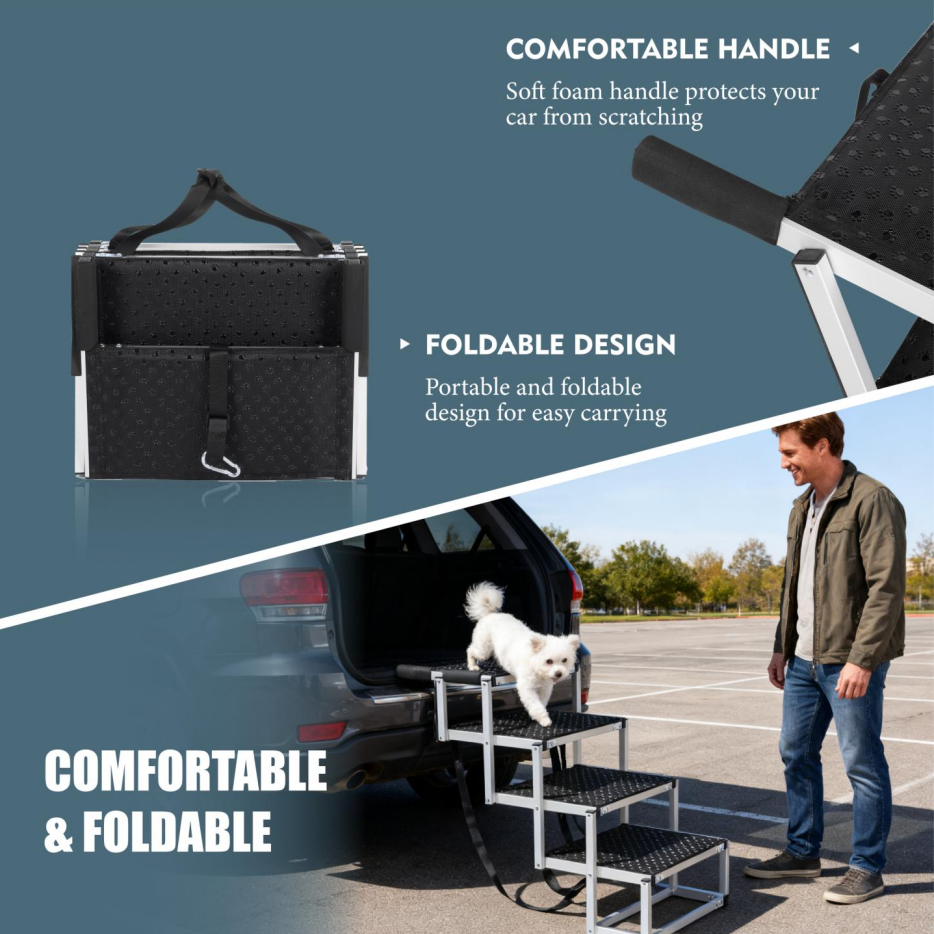 Foldable Dog Ramp For Cars, SUVs, Trucks, Portable Pet Dog Stairs For Large Dogs With Non-Slip Surface & Reinforced Desi