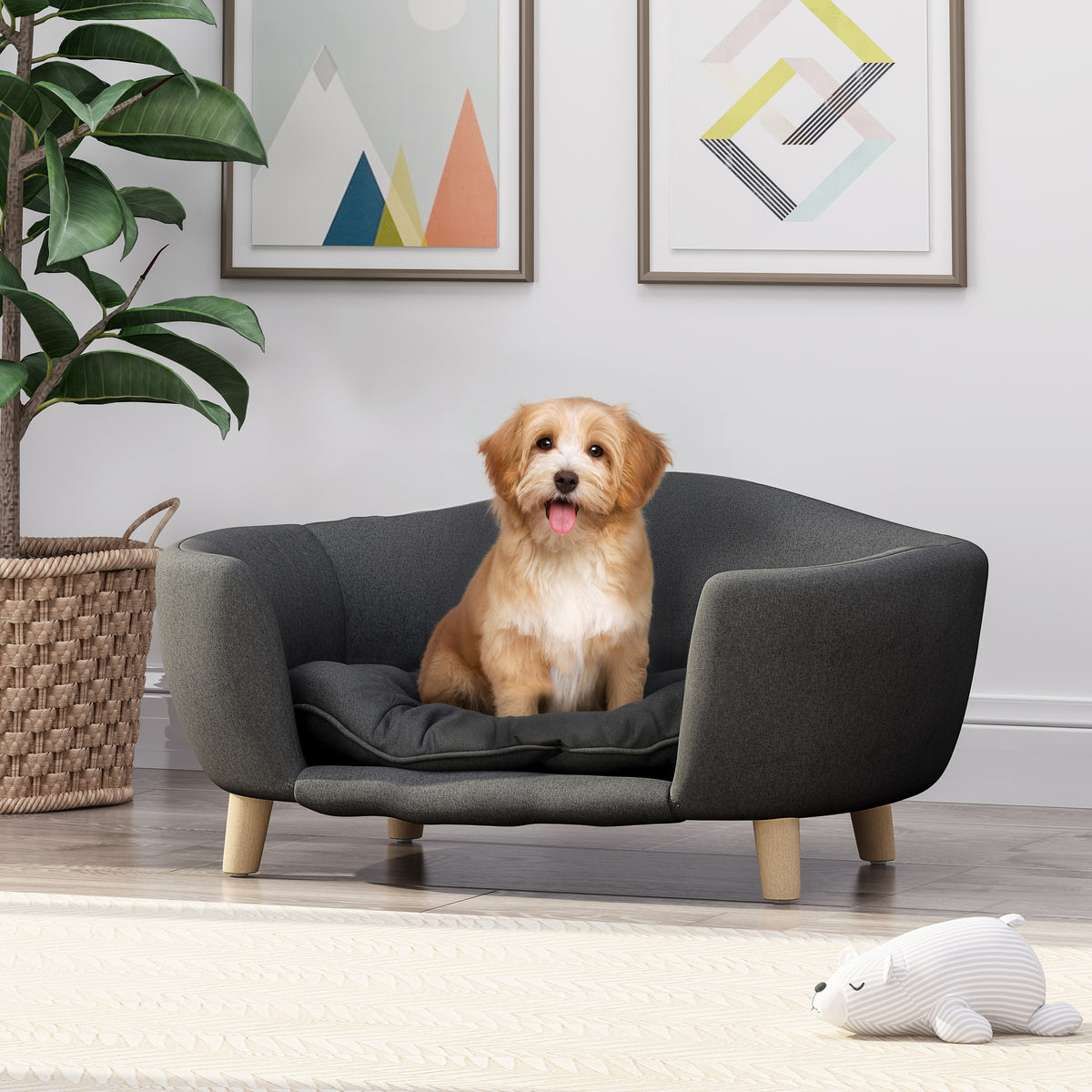 Elevated Dog Bed Frame for Small Dog, Fabric Pet Couch Bed with Rubber Wood Legs and Supportive Foam, Dark Gray, Easy As