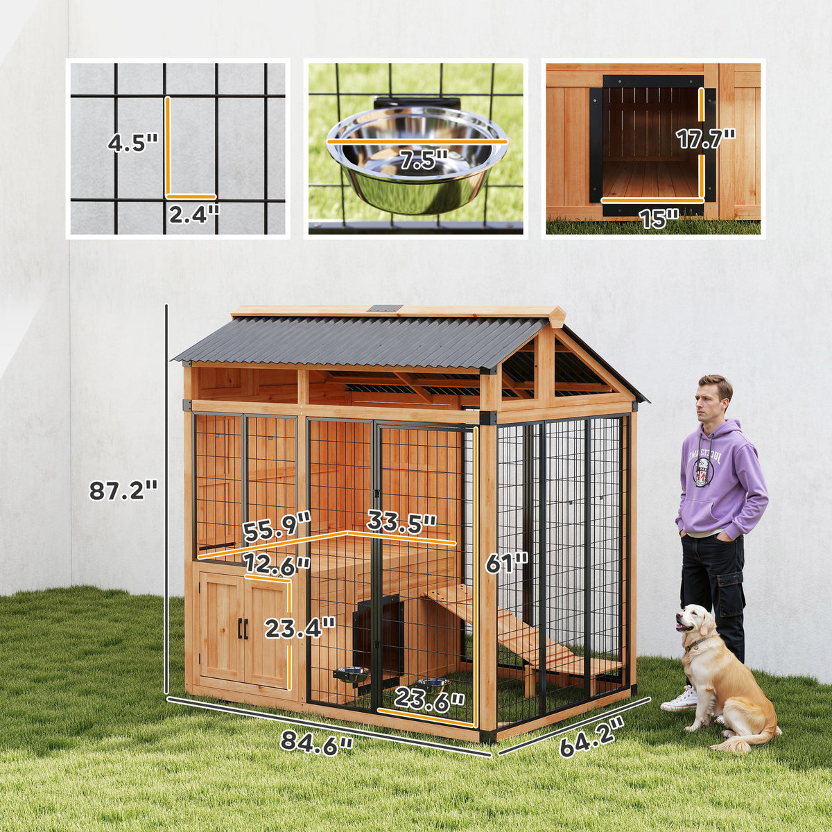 7' x 5' Extra Large Dog House, Wood Outdoor Dog Kennel with Platform, Storage Cabinet for Large Breeds, Yellow