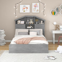 Full Size Wood Platform Bed with House-shaped Storage Headboard and 2 Drawers Gray
