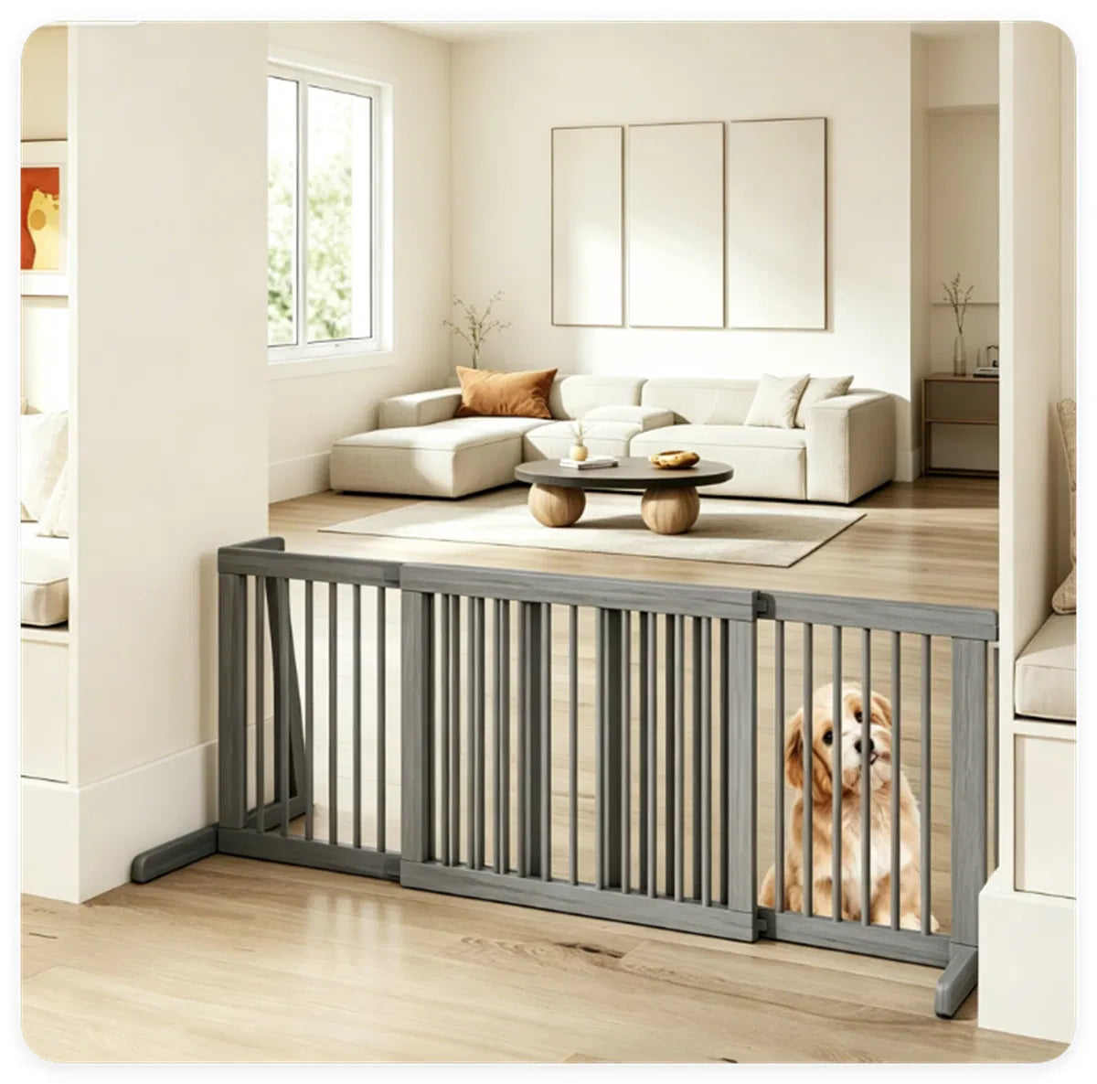 Adjustable Expandable Wooden Pet Gate 22 Inch Tall Freestanding Safety Fence, Gray Pine Wood Slide Dog Gate Easy Assembl