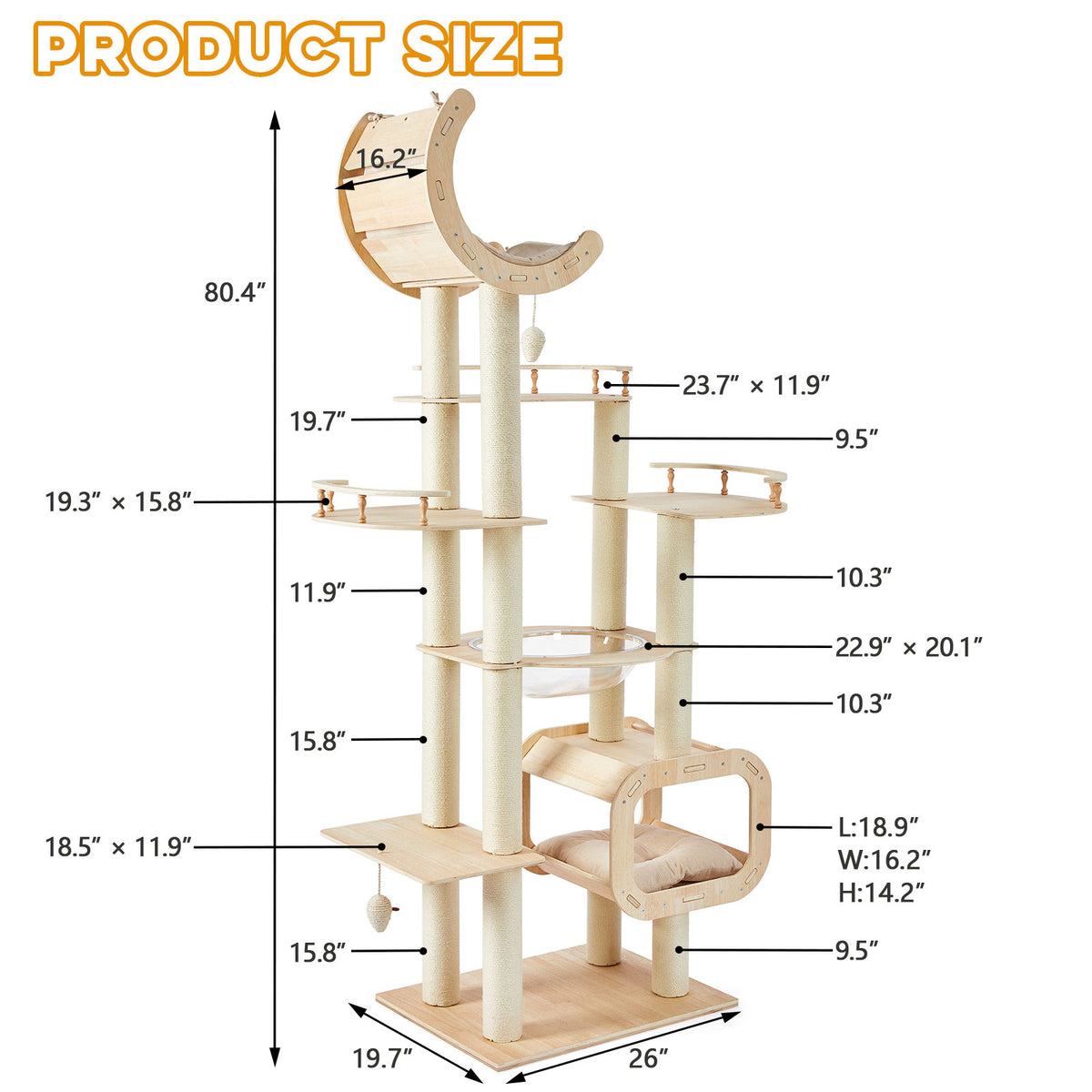 Heavy-Duty No-Drill Large Cat Tree-Solid Wood, 5-Story Multi-Column Cat Tower, 80.4in For Large Spaces & Multi-Cat House