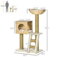 Cattail Weave Cat Tree for Indoor Cats Kitty Tower with Rattan Cat Condo, Wicker Bed, Ladder, Washable Cushions, 22.5" x