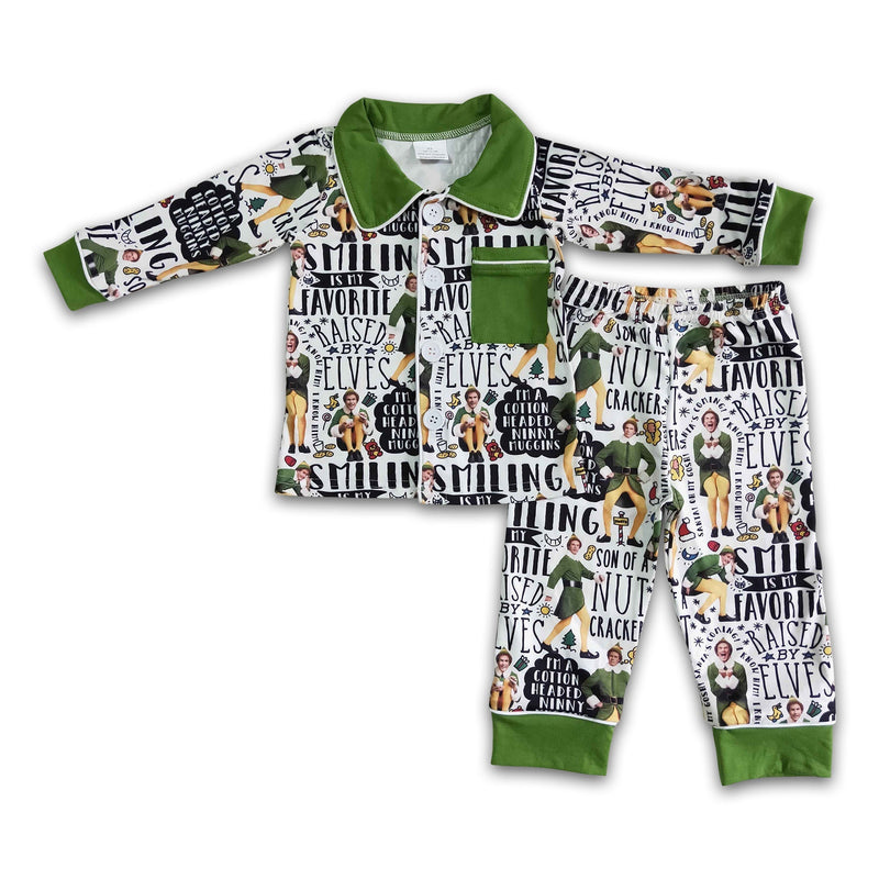 Green long sleeve pocket naughty and nice boy Christmas pajamas - BIG FRENCHIES