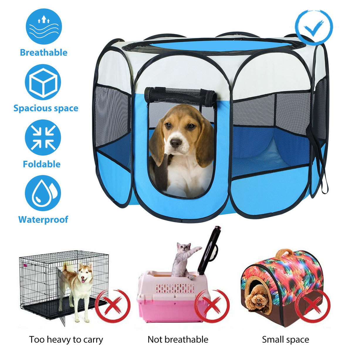 Pink-Blue Options -- 1Pc Portable Foldable Pet Tent Exercise Pen Kennel Removable Zipper Top And Bottom Water Resistant 
